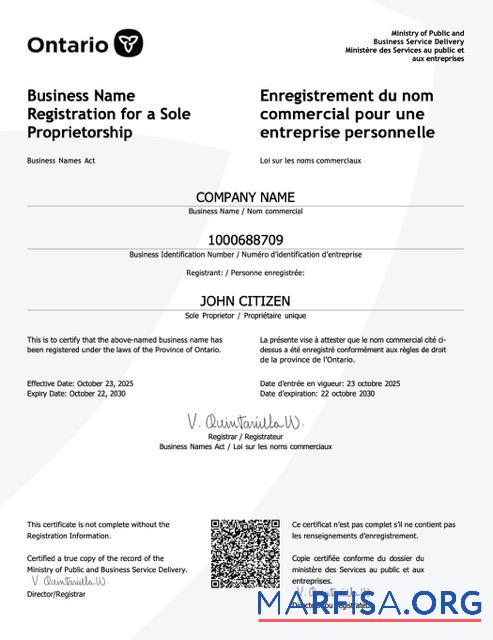 Blank Canada Ontario certificate of business name registration Word and PDF template